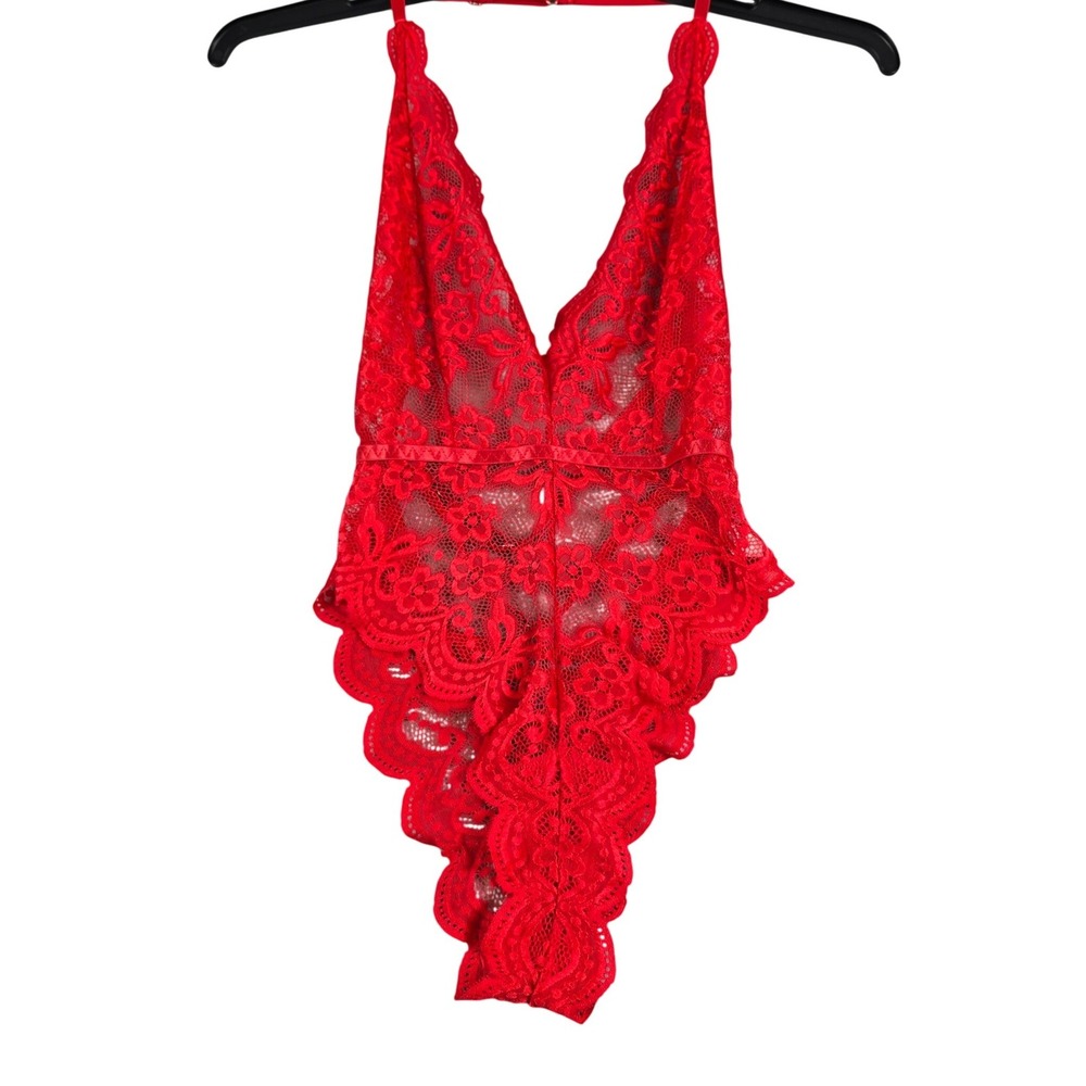 Sexy Lace Bodysuit Women S Red Sheer Halter V-Neck Strappy Open Back Scalloped